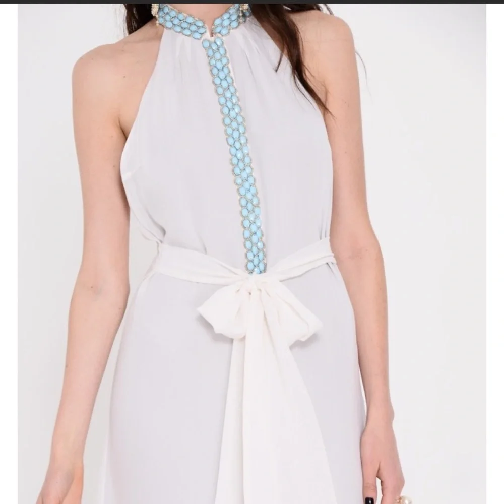 J.DOSI]Turquoise Embellishment Cream Silk Crepe Halter neck Backless Dress - Picture 4 of 16
